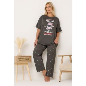 Curve brown 'weekend coffee club' ensemble de pyjama &agrave; jambes larges Yours pour femme, taille 62-64 | Coton/Polyester