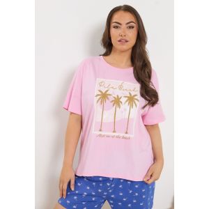 Haut de pyjama rose &agrave; message &laquo; palm beach &raquo; Yours pour femme, taille 62-64 | Coton