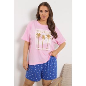 Short de pyjama bleu &agrave; imprim&eacute; palmiers Yours pour femme, taille 62-64 | Coton