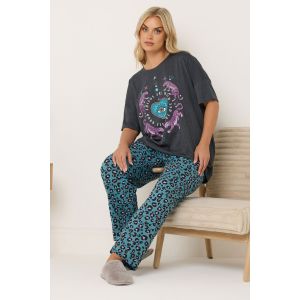 Pyjama grande taille coupe large &laquo; wild and free &raquo; anthracite/l&eacute;opard Yours pour femme, taille 62-64 | Coton/Polyester