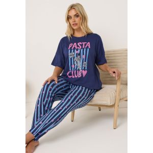 Pyjama grande taille coupe large &laquo; pasta club &raquo; &agrave; rayures bleu marine Yours pour femme, taille 62-64 | Coton