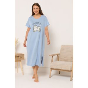 Chemise de nuit milongue bleue &laquo; whooo's ready for bed? &raquo; &agrave; imprim&eacute; hiboux Yours pour femme, taille 50-52 | Coton