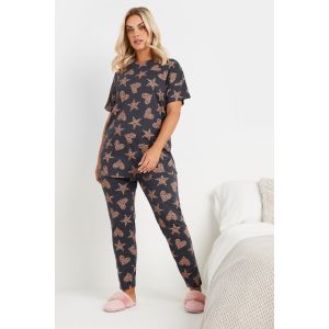 Ensemble de pyjama gris l&eacute;opard manches courtes Yours pour femme, taille 62-64 | Coton