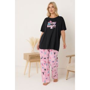 Pyjama grande taille coupe large &laquo; feline sleepy &raquo; noir Yours pour femme, taille 62-64 | Coton