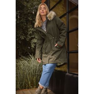 Curve parka vert kaki avec bordure en fourrure Yours pour femme, taille 44 | Coton