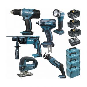 Pack Makita Starter 6 outils 18V: Perceuse DDF453 + Perfo DHR165 + Visseuse à choc DTD146 + Scie sauteuse DJV180 + Scie récipro