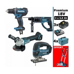 Pack makita Premium 4 machines 18V 5Ah: DDF482 + DGA504 + DHR202 + DJV180 + 3 batt + 4 Coffrets + OFFERT chariot