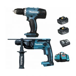 Pack Makita Starter Makita 18V: Perceuse 42Nm DDF453 + Perforateur 1,3J DHR165 + 2 batteries 3Ah + sac