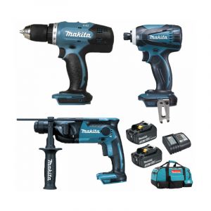 Pack Makita Starter 18V: Perceuse 42Nm DDF453 + Perforateur 1,3J DHR165 + Visseuse à choc 160Nm DTD146 + 2 batteries 3Ah + sac