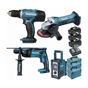 Pack Starter Makita 18V: Perceuse 42Nm DDF453 + Perforateur 1,3J DHR165 + Meuleuse DGA452 + DMR108 + 3 batteries 3Ah + Coffrets