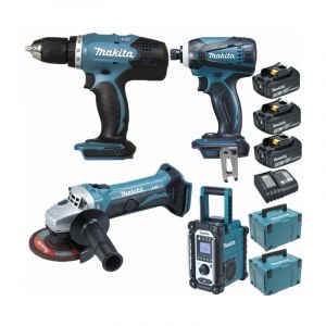 Pack Starter Makita 18V: Perceuse 42Nm DDF453 + Meuleuse 115mm DGA452 + Visseuse &agrave; choc 160Nm DTD146 + Radio de chantier DMR108