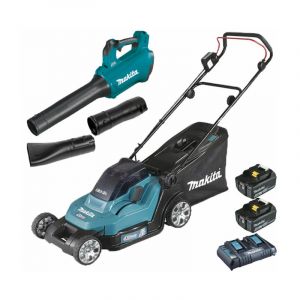 Pack Makita Jardin: tondeuse 36V 43cm DLM432 + souffleur 18V DUB184 + 2 batteries 5Ah