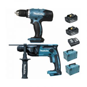 Pack Makita Starter 18V: Perceuse 42Nm DDF453 + Perforateur 1,3J DHR165 + 2 batteries 3Ah + 2 coffrets Makpac MAKITA