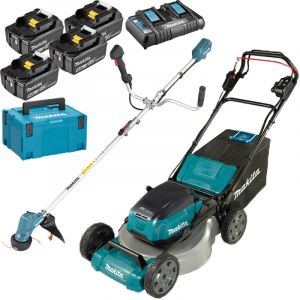 Pack Makita Jardin 36V: tondeuse auto-tractée 36V 53cm DLM532 + débroussailleuse 18V DUR191UZX3 + 4 batt 5Ah