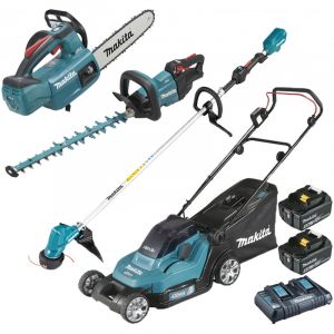 Pack Makita Jardin: tondeuse 36V DLM432 + débroussailleuse 18V DUR190LZX3 + taille-haies DUH502 + DUC254 + 2 batt 5Ah