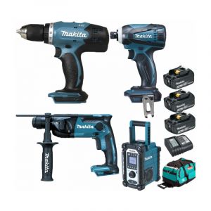 Pack Starter Makita 18V: Perceuse 42Nm DDF453 + Perforateur 1,3J DHR165 + Visseuse 160Nm DTD146 + DMR108 + 3 batteries 3Ah + sac