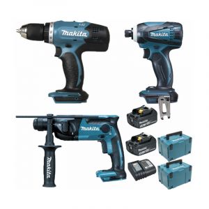 Pack Makita Starter 18V: Perceuse 42Nm DDF453 + Perforateur 1,3J DHR165 + Visseuse 160Nm DTD146 + 2 batteries 3Ah + 2 Coffrets