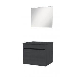 Meuble &agrave; suspendre plan bois 80 cm texture bois Roble vasque &agrave; poser deux tiroirs et miroir assorti MAPLE Ond&eacute;e