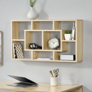 [en.casa] &Eacute;tag&egrave;re Murale Design avec 8 Surfaces de Stockage Effet H&ecirc;tre 85 x 47,5 x 16 cm