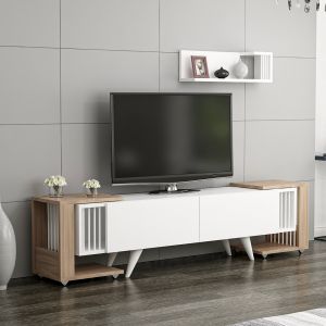 Meuble TV Glostrup avec 2 tables d'appoint et une &eacute;tag&egrave;re murale effet ch&ecirc;ne / blanc [en.casa]