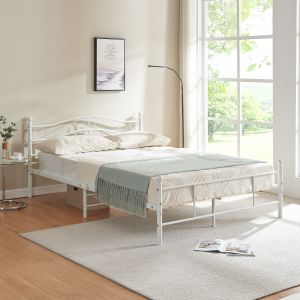 Cadre de lit double Florenz Acier Rev&ecirc;tu par Poudre 160 x 200 Blanc [en.casa]