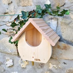 Nichoir &agrave; Rouge-gorge et Rougequeue noir en bois, grande ouverture arrondie - H.25cm