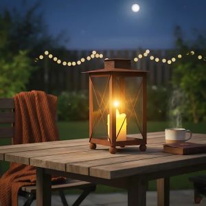 Lanterne d&eacute;corative carr&eacute;e en m&eacute;tal rouill&eacute; - L.29 x l.29 x H.48cm