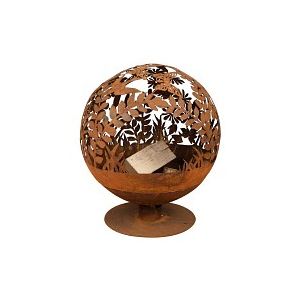 Brasero rond en m&eacute;tal rouill&eacute; - d&eacute;cor floral
