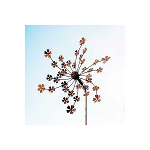 &Eacute;olienne de jardin en fer rouill&eacute; D.50 x H.156 cm - Fleurs d'hortensia