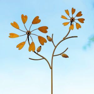 Éolienne de jardin en fer rouillé L.55 x H.117cm - Double hélice coeurs