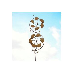 Éolienne de jardin en fer rouillé H.190cm - Double hélice ginkgo