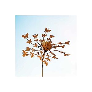 Éolienne de jardin en fer rouillé D.53 x H.160cm - Papillons