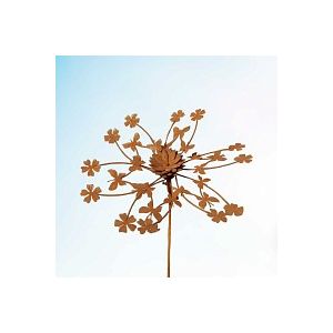 Éolienne de jardin en fer rouillé D.55 x H.145cm - Fleurs et papillons