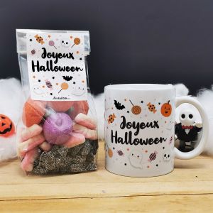 Mug et bonbons Halloween acidul&eacute;s - Tarentules noires, dentiers et guimauves citrouille et t&ecirc;te de mort