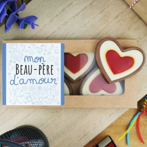 C&oelig;urs au chocolat au lait rouge et blanc x4 "Mon beau-p&egrave;re d'amour" - Cadeau beau papa