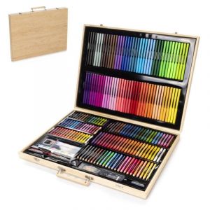 Mallette d'art en bois 180 pièces peinture huile aquarelle crayons accessoires