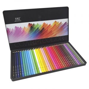 Crayon de couleur professionnel Set 36 pi&egrave;ces bois forme ronde bo&icirc;te m&eacute;tallique