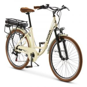 V&eacute;lo &eacute;lectrique Nilox 250 W, autonomie de 65 km, 26 pouces, 6 vitesses, LED beige/marron