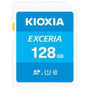 Kioxia Holdings Corporation Carte SD Kioxia Exceria 128 Go Stockage et transfert de données fiables et rapides. Vitesse de lecture de 100 Mbs et vitesse d'écriture de 90 Mbs. Résistant aux conditions extrêmes. Compatible avec tous