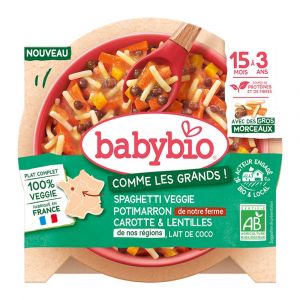 Babybio Spaghetti Veggie Potimarron de notre ferme Carotte Lentille de nos r&eacute;gions & Lait de coco