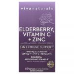 Viva Naturals, Baie de sureau, Vitamine C + Zinc au gingembre + Vitamine D3, 60 capsules