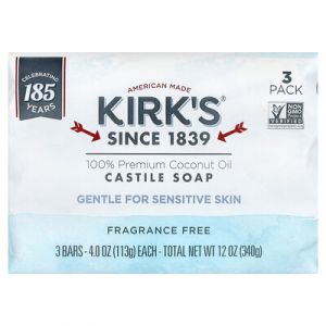 Kirk's, Barre de savon de Castille à l'huile de noix de coco 100 % premium, Sans parfum, 3 barres, 113 g pièce