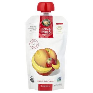 Love Child Organics, Nature's Path, Purée de bébé biologique, 6 mois+, Bananes, fraises, pêches, 113 g