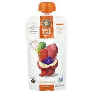 Love Child Organics, Nature's Path, Purée de bébé biologique, 6 mois+, Pommes, Patates douces, Carottes, Myrtilles américaines, 113 g