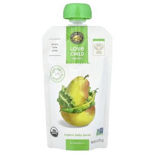 Love Child Organics, Nature's Path, Purée de bébé biologique, 6 mois+, Poires, Chou frisé, Pois, 113 g